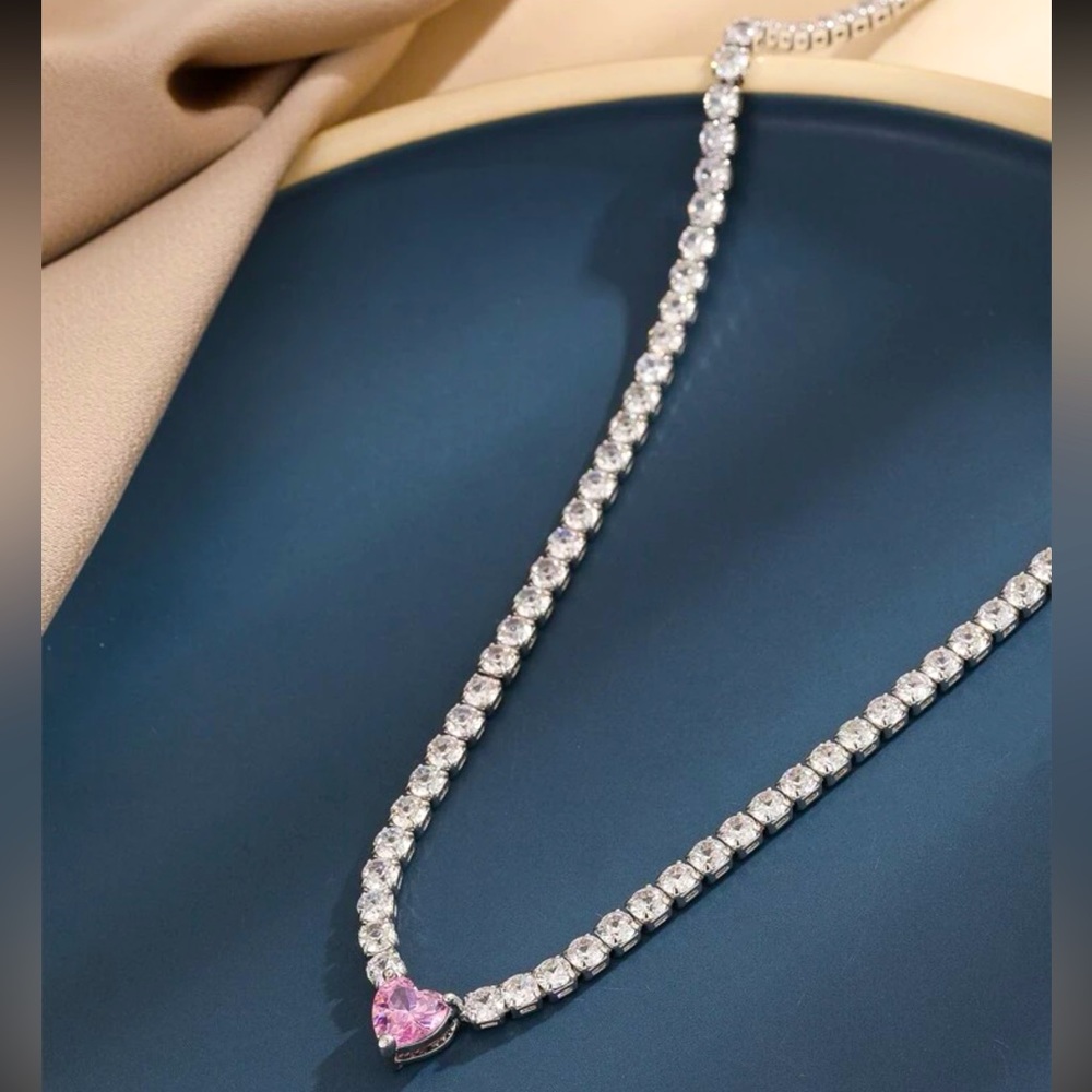 Pink Heart Gemstone, Simulated Cz Rhinestone Tennis, Bridal, Glamorous Necklace
